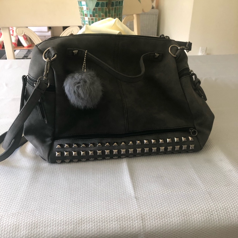 Studded Grey Satchel with Fur Pom Pom